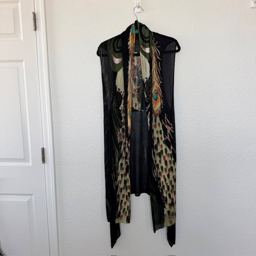 Adore Peacock Feather Print Open-Cardigan Sleeveless Midi Length Women's Small